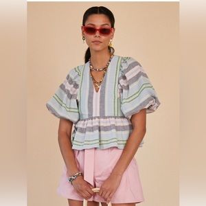 Hunter Bell Landry Stripe Puff Sleeve Peplum Top